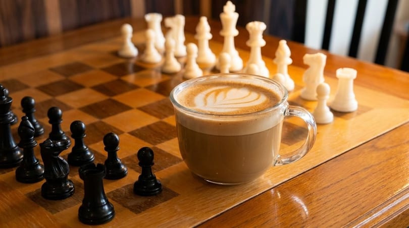 A clear mug of latte with foam art sits on a wooden chessboard with black and white pieces.